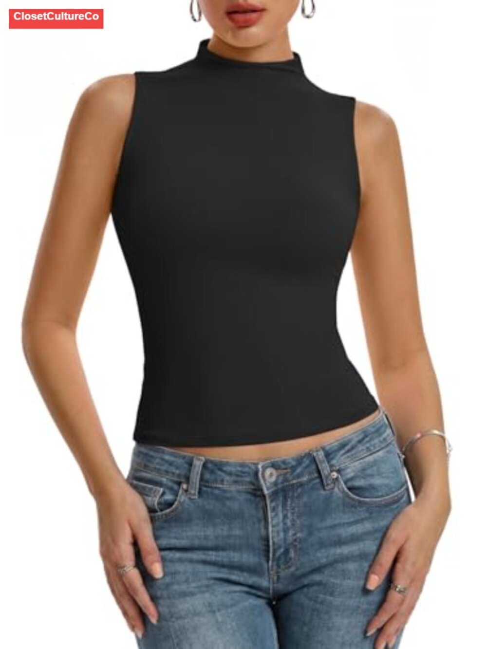 Mock Turtleneck Double Lined Slim Fit Tank Top Sleeveless High Neck